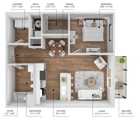 Floor plan for 1 bed, 1 bath, 717 sqft